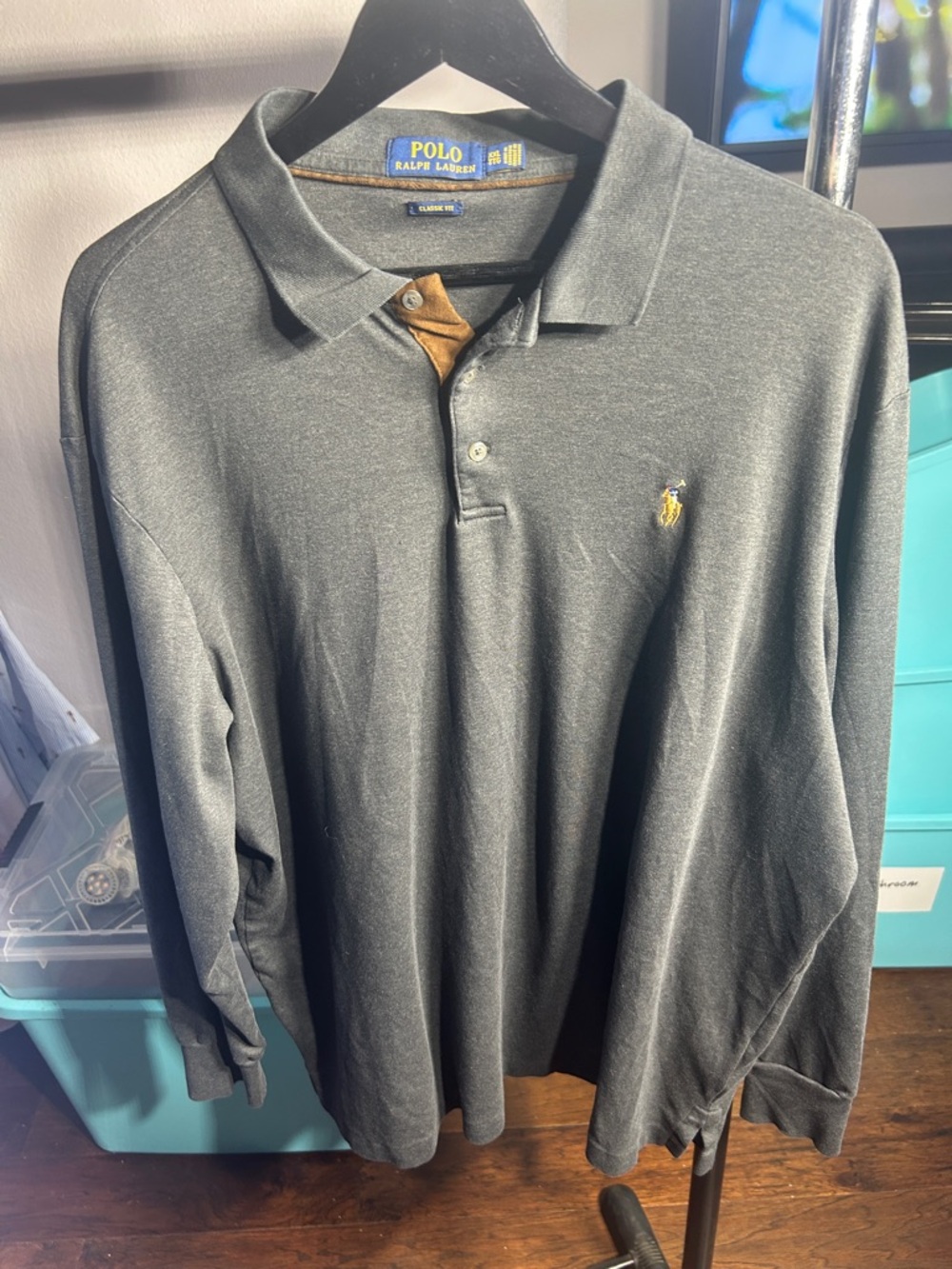 Polo by Ralph Lauren Charcoal Long Sleeve Polo with Gold Pony and Tan Placket